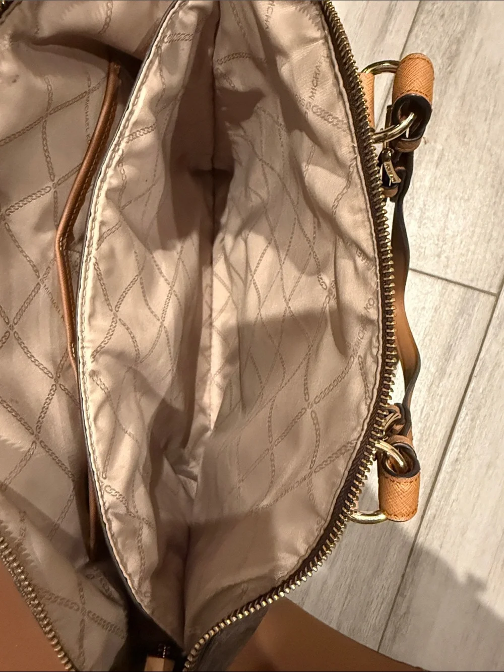 Michael Kors Brown Logo-Print Tote with Tan Straps